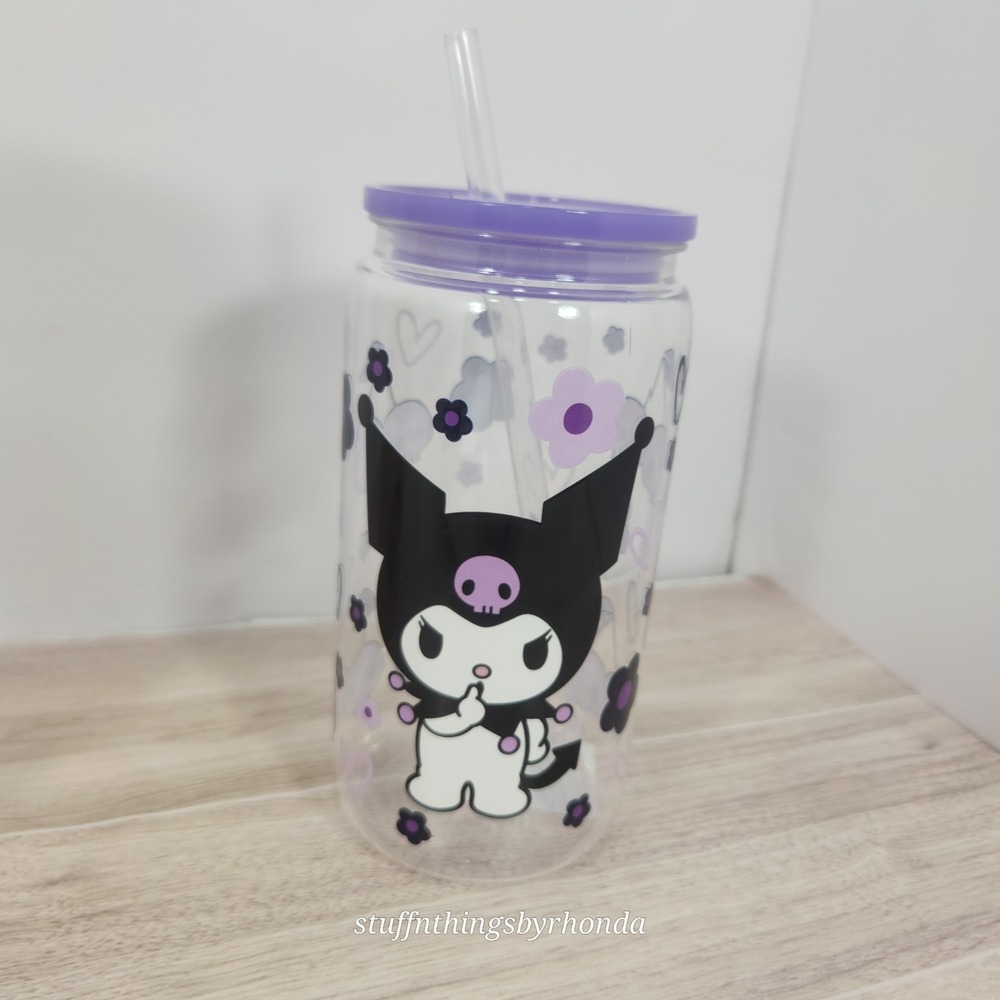 Kuromi Clear Plastic Tumbler With Purple Lid &‎ Clear Straw